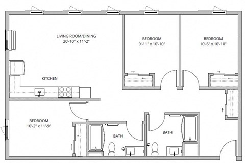 Floor plan for 3 beds, 2 baths, 1188 sqft